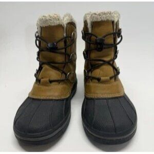 Crocs AllCast II Kids Size J1 Winter Duck Boots Brown Black Faux Fur Lined